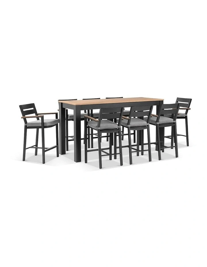 Balmoral 2m Aluminium Bar Table Charcoal With 8 Capri Stools & Textured Olefin Grey Cushions image 1