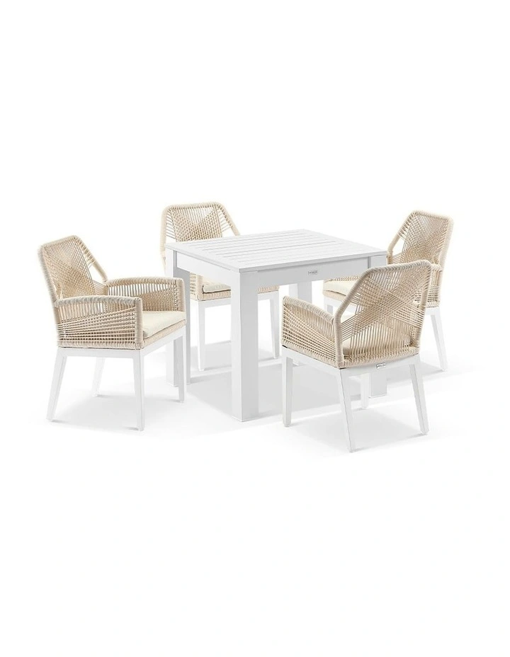 Santorini Outdoor 4 Seater Aluminium Dining Table White With Hugo Chairs & Cream Rope/Cream Cushions image 1