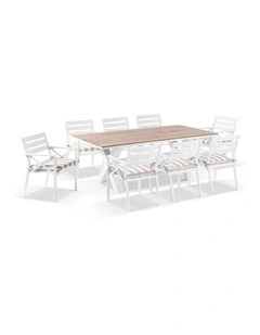 Kansas 2m Outdoor Teak & Aluminium Dining White With 8 Chairs Sunbrella Maxim Heather Beige Cushions