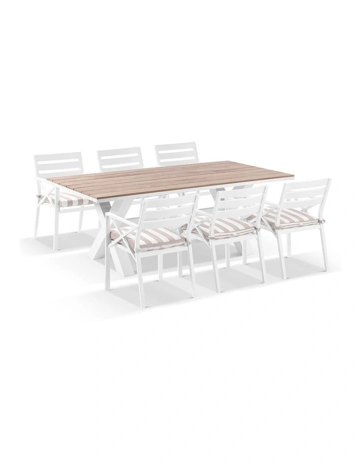 Kansas 2m Outdoor Teak & Aluminium Dining White With 8 Chairs Sunbrella Maxim Heather Beige Cushions image 2