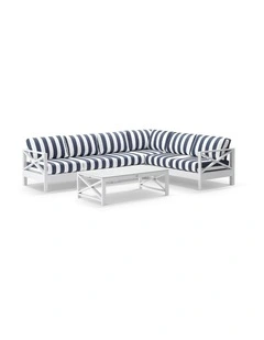 Kansas Outdoor Aluminium Corner Modular Lounge Set White With Coffee Table & Navy Stripe Cushions