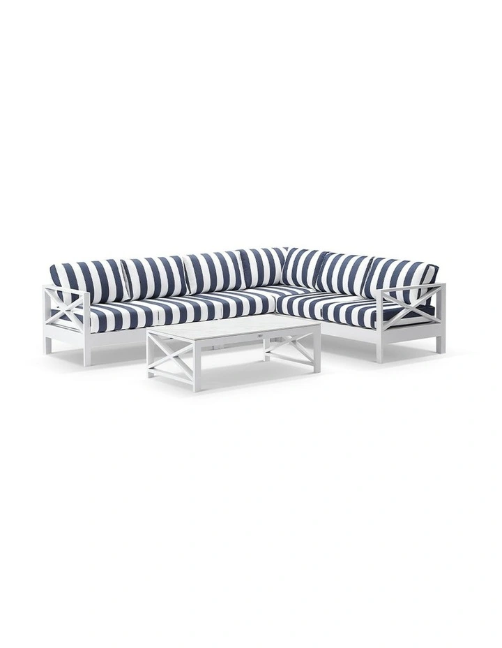 Kansas Outdoor Aluminium Corner Modular Lounge Set White With Coffee Table & Navy Stripe Cushions image 1