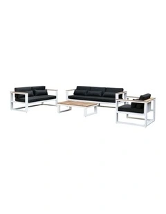 Balmoral 3 1 1 Seater Outdoor Aluminium and Teak Lounge Setting White & Denim Grey Cushions