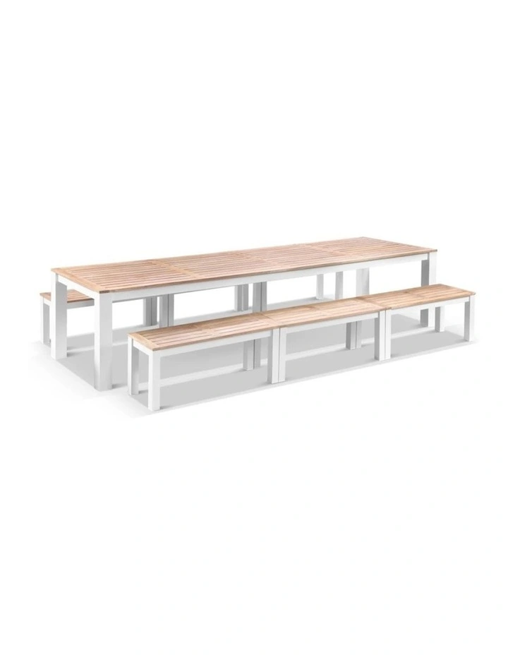 Balmoral 3.55m Outdoor Teak Top Aluminium Table White With Bench Seats image 1