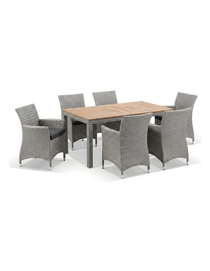 Sahara 6 Seater Outdoor Teak and Wicker Dining Setting Brushed Grey & Denim Cushions image 1
