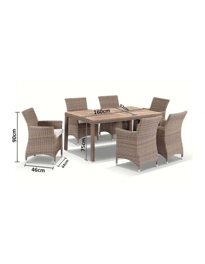 Sahara 6 Seater Outdoor Teak and Wicker Dining Setting Brushed Grey & Denim Cushions image 3