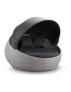 Newport Outdoor Round Wicker Daybed Brushed Grey With Canopy & Denim Cushions