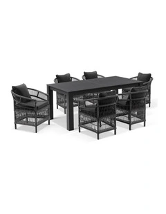 Santorini 1.8m Outdoor Aluminium Dining Table Charcoal With 6 Wicker Chairs & Denim Grey Cushions
