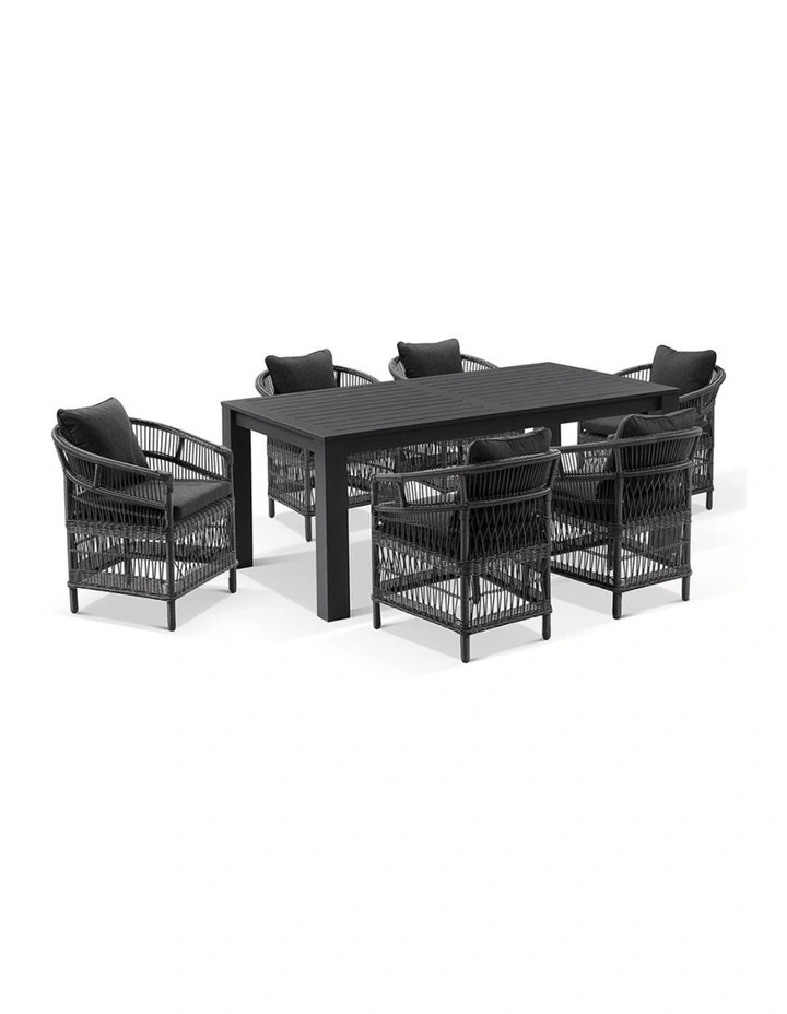Santorini 1.8m Outdoor Aluminium Dining Table Charcoal With 6 Wicker Chairs & Denim Grey Cushions image 1
