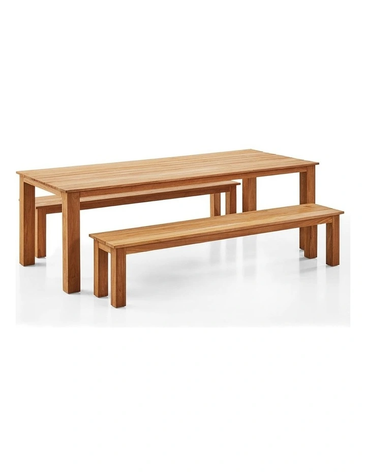 Barbados Outdoor Teak 2.4m Rectangle Table with 2 Bench Seats FSC Certified Timber image 1