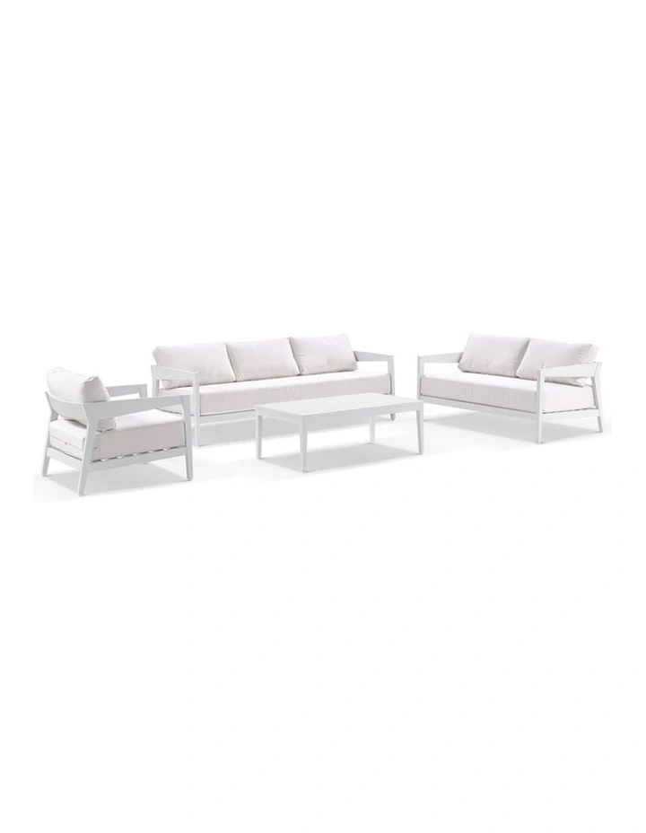 Bronte 3 2 1 Outdoor Aluminium Lounge Setting White With Coffee Table & Sunbrella Canvas Cushions image 1