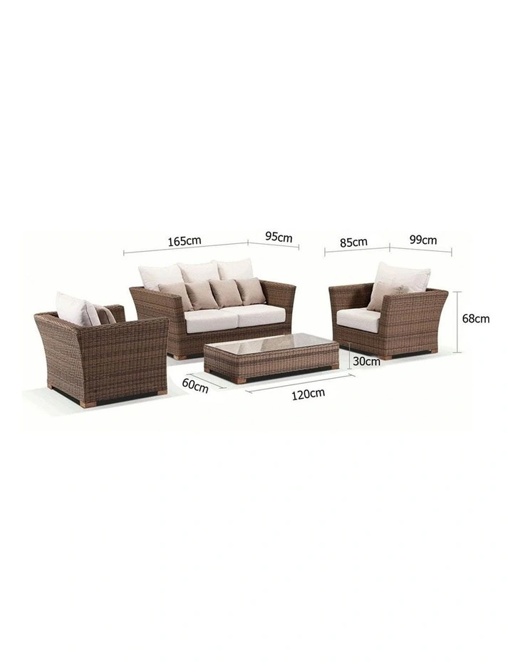 Coco 2 1 1 Seater Outdoor Wicker Lounge Set Brushed Wheat With Coffee Table & Cream Cushions image 3