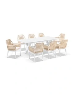 Tahitian 2.1m Aluminium Dining Table White With 8 Hugo Chairs & Cream Rope/Cream Cushions