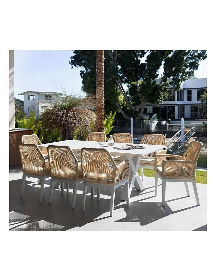 Tahitian 2.1m Aluminium Dining Table White With 8 Hugo Chairs & Cream Rope/Cream Cushions image 7