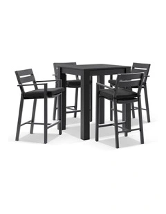 Santorini Outdoor Aluminium Square Bar Table Charcoal With 4 stools & Denim Grey Cushions