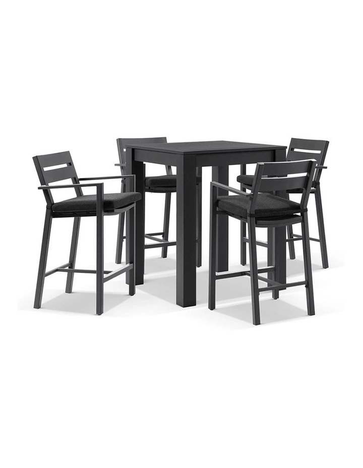 Santorini Outdoor Aluminium Square Bar Table Charcoal With 4 stools & Denim Grey Cushions image 1