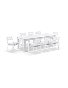Santorini 8 Seater Outdoor Rectangle Aluminium Dining Table and Chairs Setting White