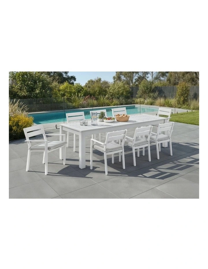 Santorini 8 Seater Outdoor Rectangle Aluminium Dining Table and Chairs Setting White image 5