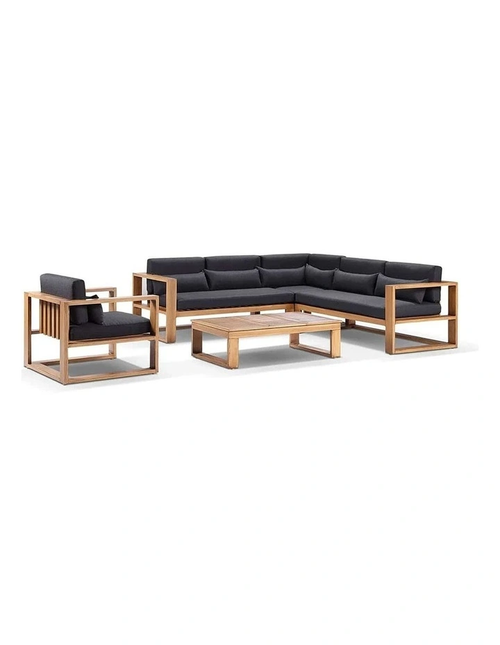 Santorini Package B Outdoor Aluminium Corner Lounge Teak Look & Denim Grey Cushions image 1