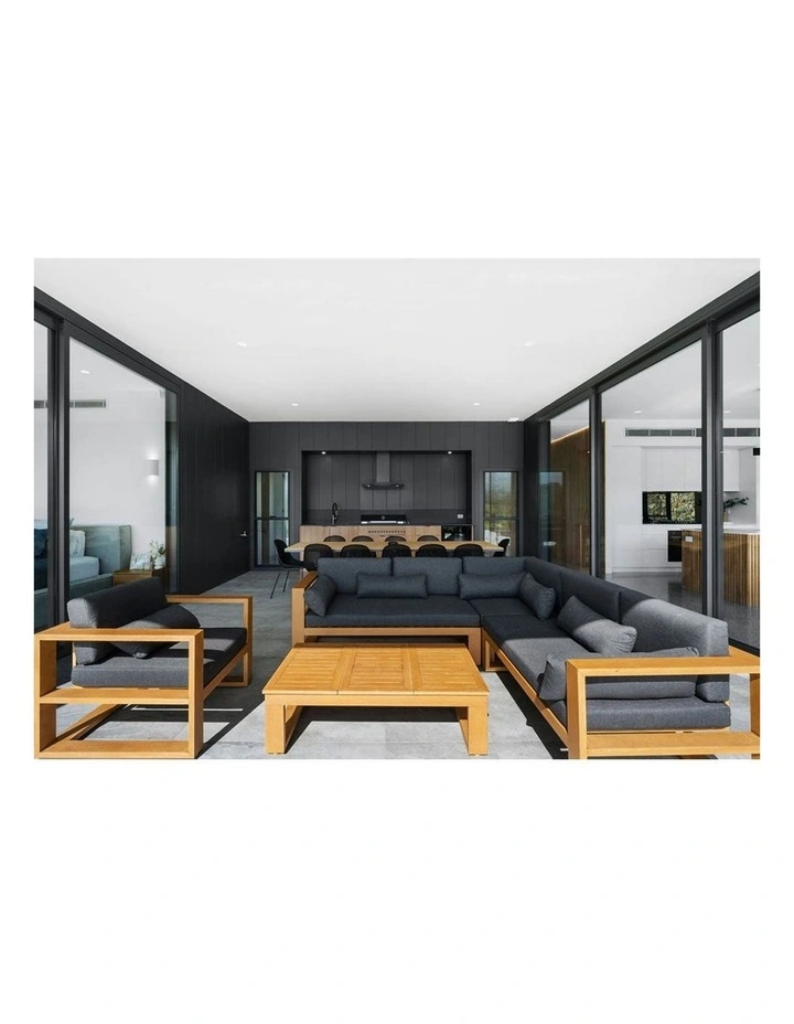 Santorini Package B Outdoor Aluminium Corner Lounge Teak Look & Denim Grey Cushions image 2