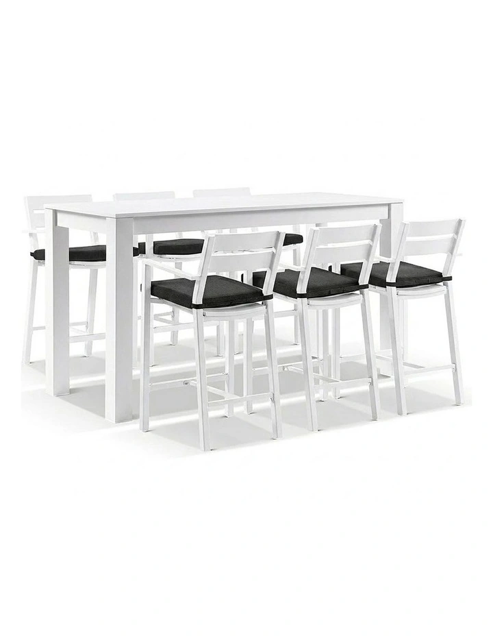 Santorini Outdoor Aluminium 2m Bar Table White With 6 stools & Denim Grey Cushions image 1