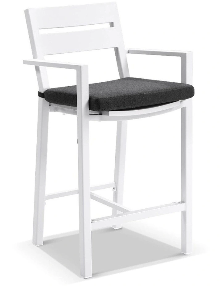 Santorini Outdoor Aluminium 2m Bar Table White With 6 stools & Denim Grey Cushions image 2