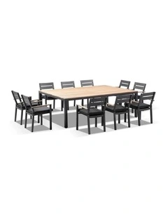 Tuscany 10 Seater Table Charcoal With Capri chairs with Teak Arm Rests & Denim Grey Cushions