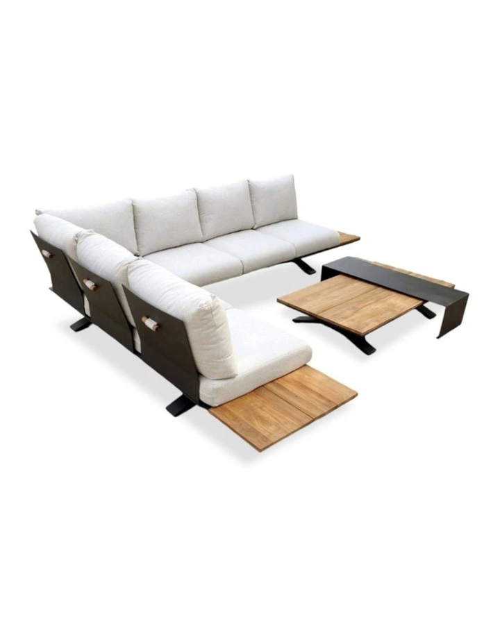 Venice Aluminium Corner Lounge with Built in Timber Side tables Charcoal & Light Cushion image 1