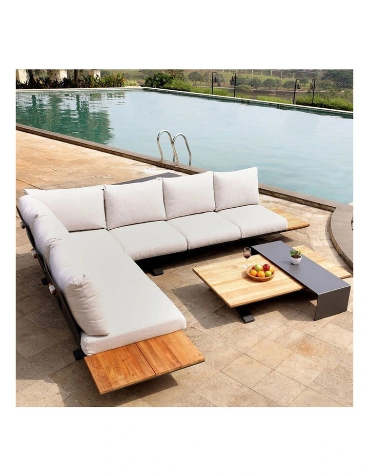 Venice Aluminium Corner Lounge with Built in Timber Side tables Charcoal & Light Cushion image 4
