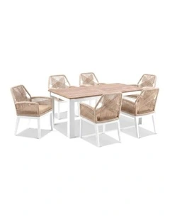 Balmoral Outdoor 1.8m Teak/Aluminium Table White With 6 Hugo Chairs & Cream Rope/Cream Cushions