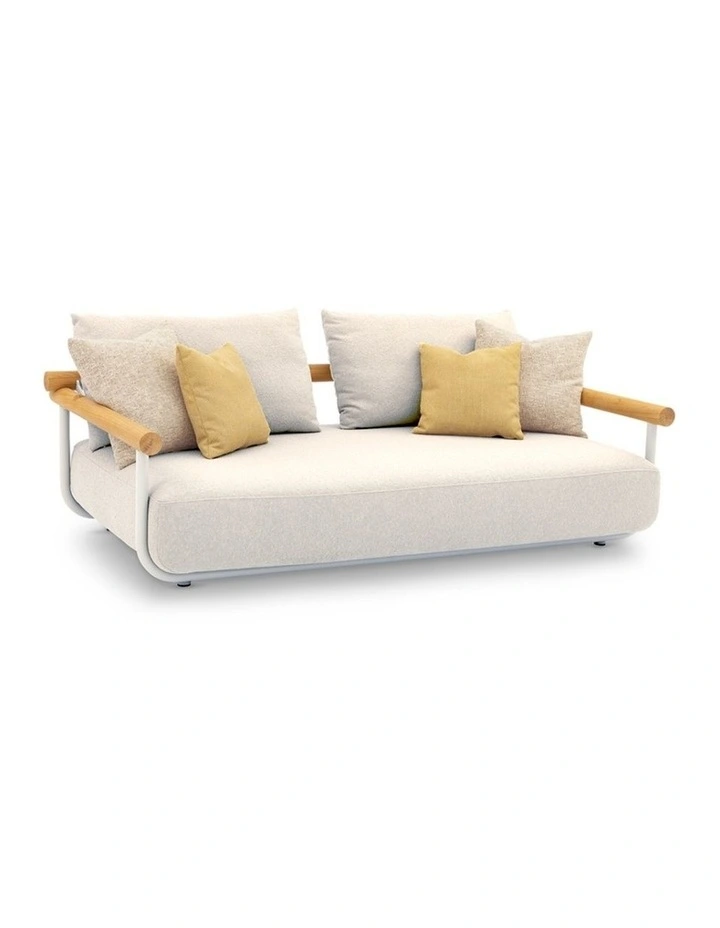 Albany 3 Seater Outdoor Aluminium and Teak Timber Daybed Lounge Sand & Ivory Cushions image 1
