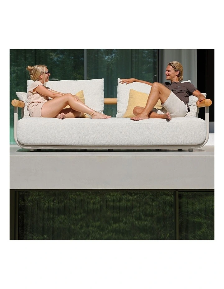 Albany 3 Seater Outdoor Aluminium and Teak Timber Daybed Lounge Sand & Ivory Cushions image 5
