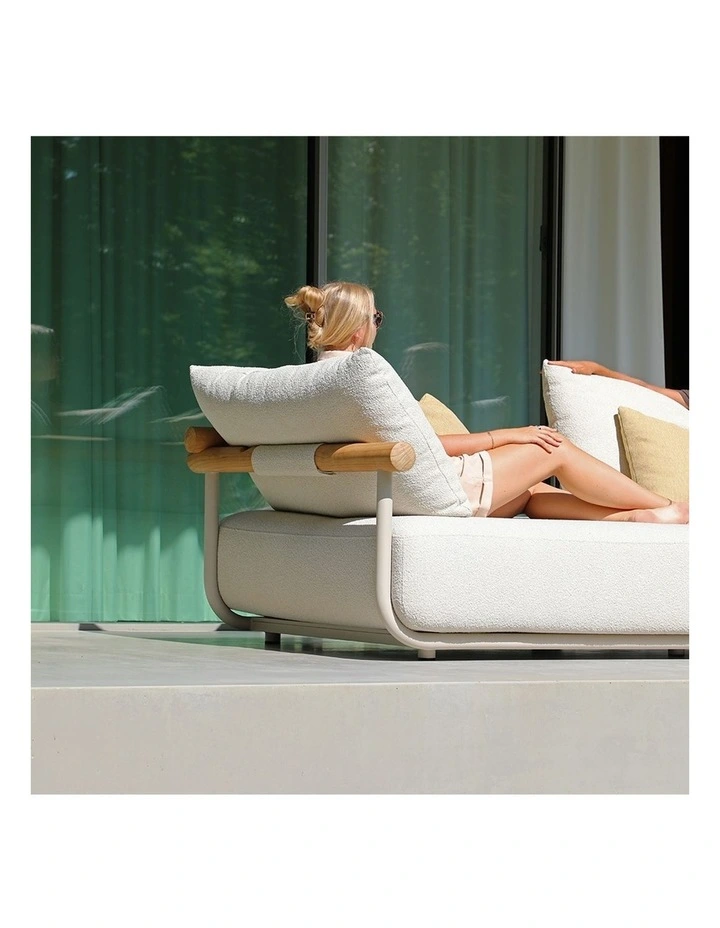 Albany 3 Seater Outdoor Aluminium and Teak Timber Daybed Lounge Sand & Ivory Cushions image 6