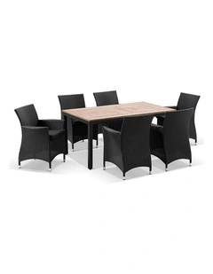 Sahara 6 Seater Outdoor Teak and Wicker Dining Setting Charcoal & Denim Grey Cushions