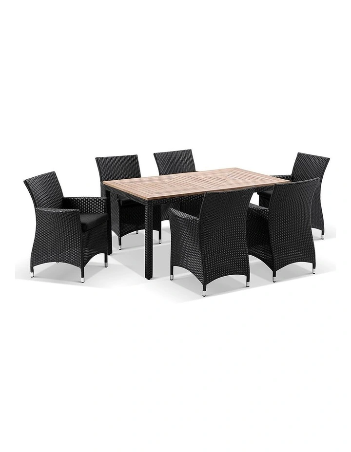 Sahara 6 Seater Outdoor Teak and Wicker Dining Setting Charcoal & Denim Grey Cushions image 1