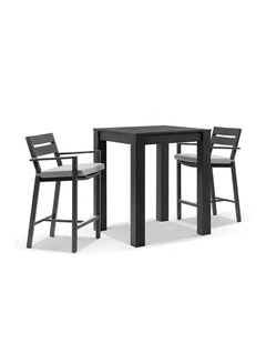 Santorini Outdoor Aluminium Square Bar Table Charcoal With 2 stools & Light Grey Cushions