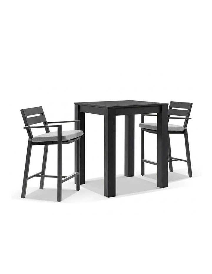 Santorini Outdoor Aluminium Square Bar Table Charcoal With 2 stools & Light Grey Cushions image 1