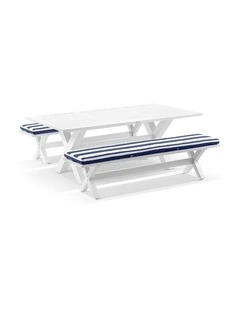 Tahitian 2.1m Outdoor Aluminium Dining Setting White With Bench Seats & Navy Stripe Cushions