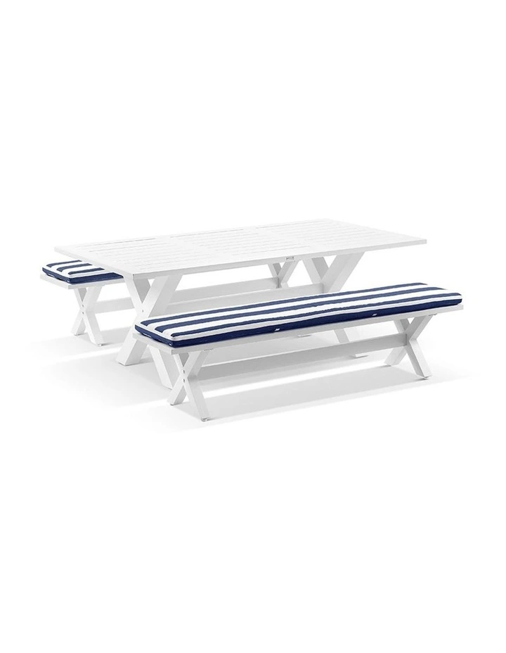 Tahitian 2.1m Outdoor Aluminium Dining Setting White With Bench Seats & Navy Stripe Cushions image 1