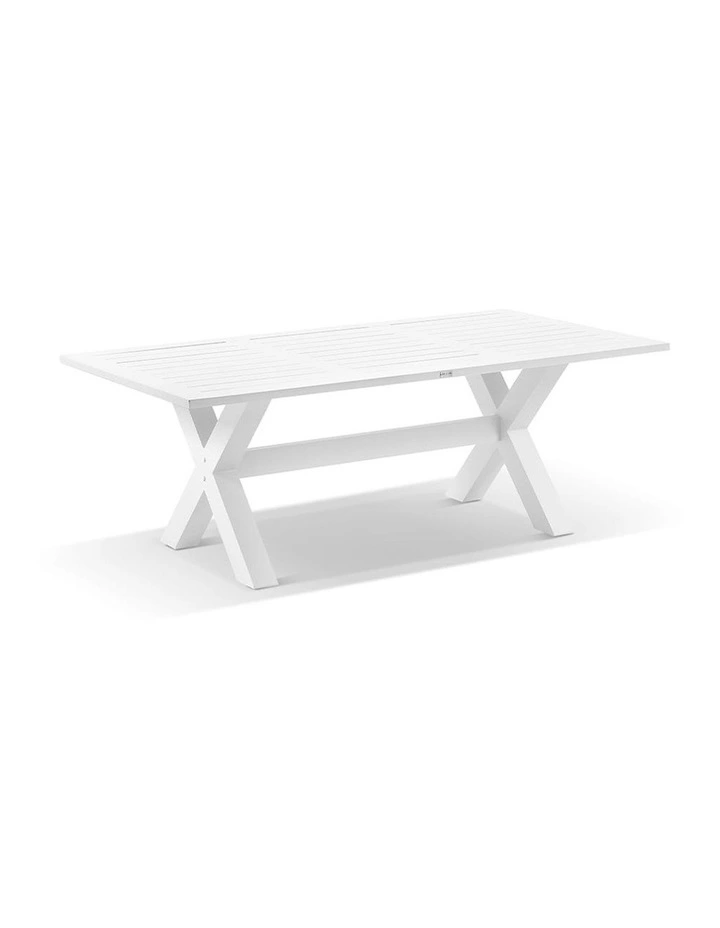 Tahitian 2.1m Outdoor Aluminium Dining Setting White With Bench Seats & Navy Stripe Cushions image 2