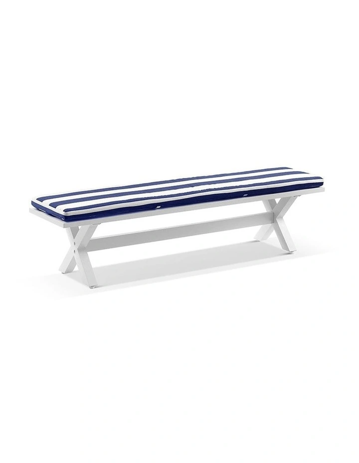 Tahitian 2.1m Outdoor Aluminium Dining Setting White With Bench Seats & Navy Stripe Cushions image 3