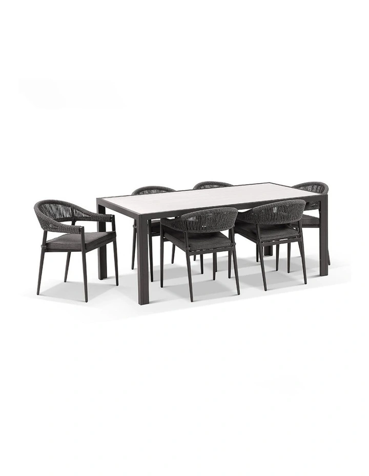 Alpine Outdoor Aluminium & Ceramic Table with 6 Finley Rope Stackable Chairs Slate Grey image 1