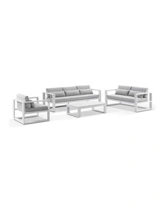 Santorini 3 2 1 Outdoor Lounge Setting White With Coffee Table & Olefin Light Grey Cushions