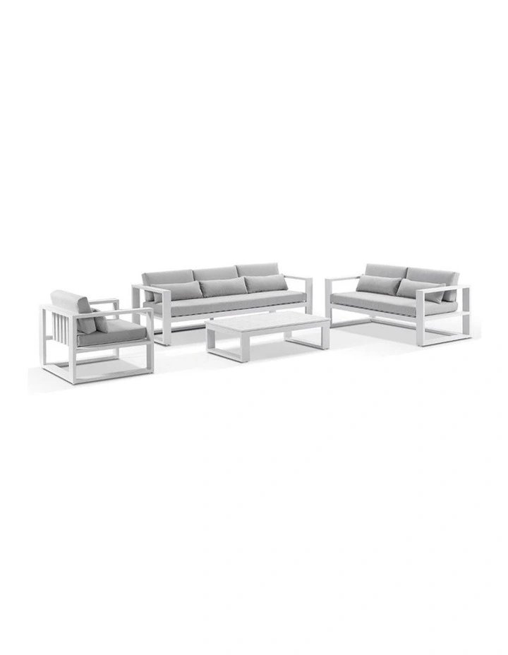 Santorini 3 2 1 Outdoor Lounge Setting White With Coffee Table & Olefin Light Grey Cushions image 1