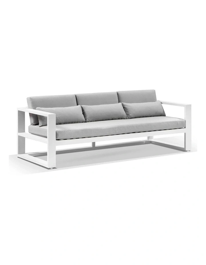 Santorini 3 2 1 Outdoor Lounge Setting White With Coffee Table & Olefin Light Grey Cushions image 2