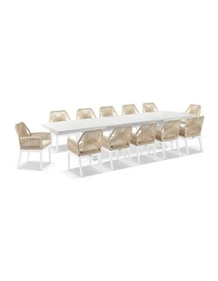 Austin Outdoor 3m - 3.8m Extension Aluminium Table White With 12 Hugo Dining Chairs & Cream Cushions