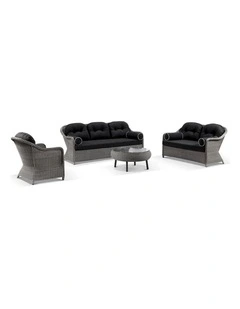 Plantation Outdoor Wicker 3 2 1 1 Seater Lounge Set Brushed Grey With Coffee Table & Denim Cushions