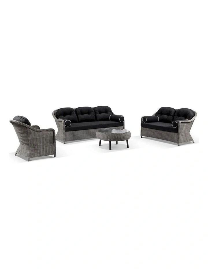 Plantation Outdoor Wicker 3 2 1 1 Seater Lounge Set Brushed Grey With Coffee Table & Denim Cushions image 1