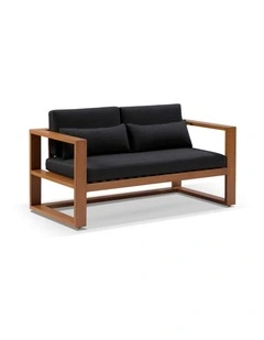 Santorini 2 Seater Outdoor Aluminium Lounge Teak Look & Denim Grey Cushions
