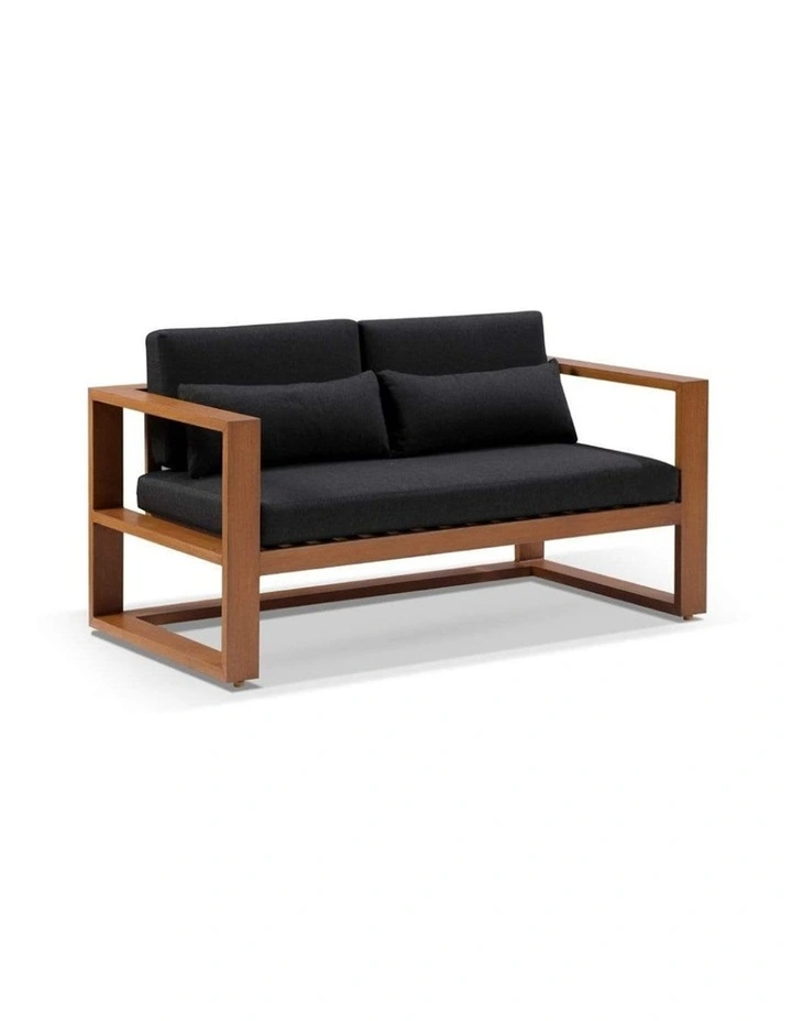 Santorini 2 Seater Outdoor Aluminium Lounge Teak Look & Denim Grey Cushions image 1